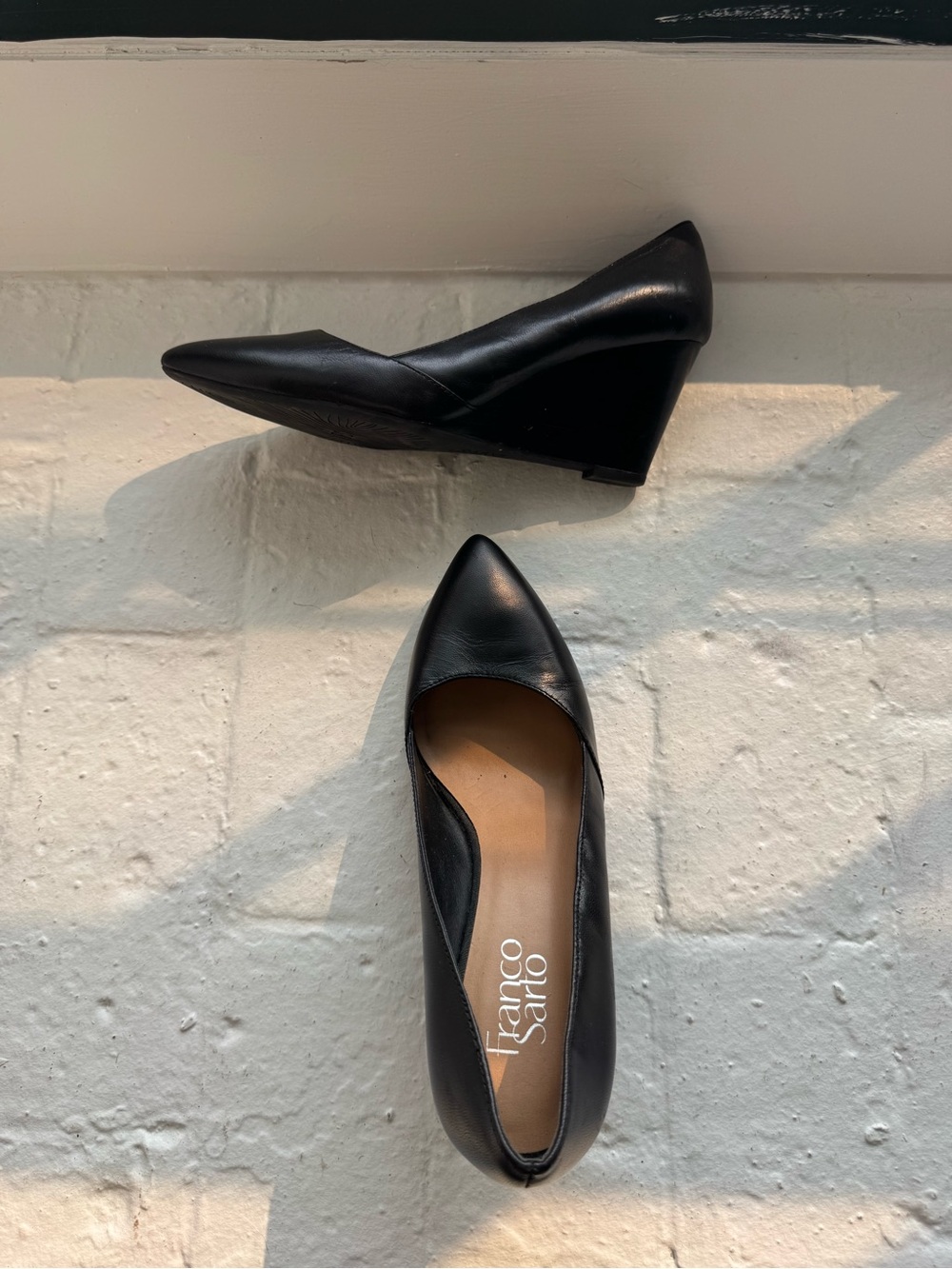 Franco Sarto ‘Frankie’ Black Leather Pointed-Toe Wedge Pumps